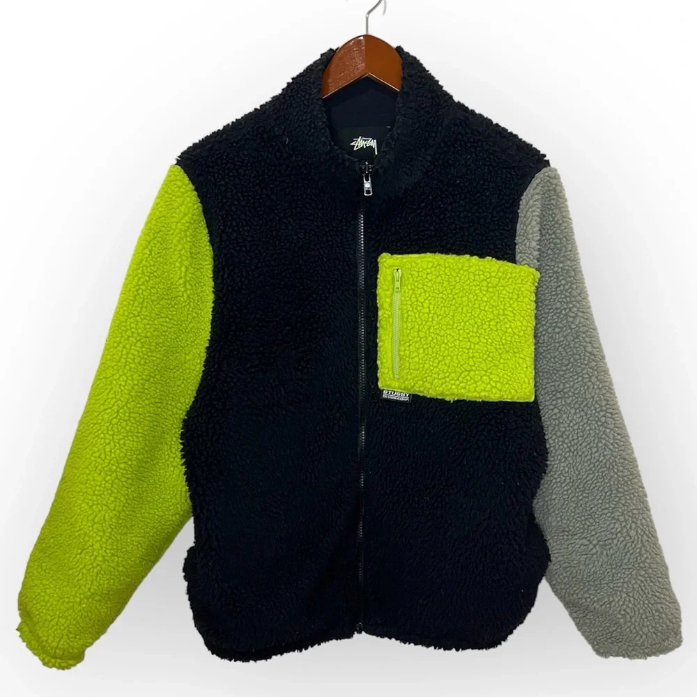 Stussy Color Block Sherpa Jacket Zip Up Fleece Sweatshirt Black Neon Small